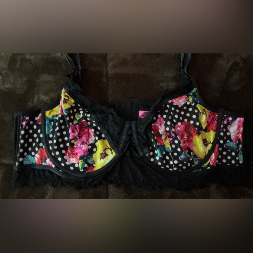 Betsey Johnson Floral and Polka Dot Bra - Black, Pink, Yellow